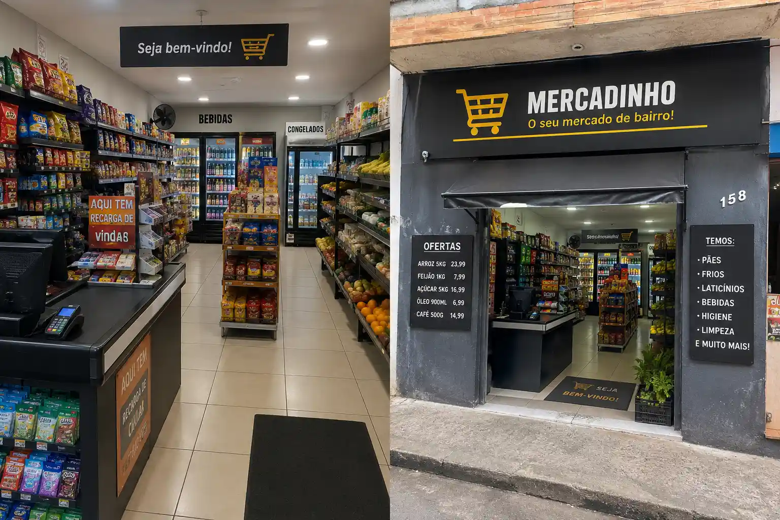 Modelo de mercadinho com fachada preta e dourada